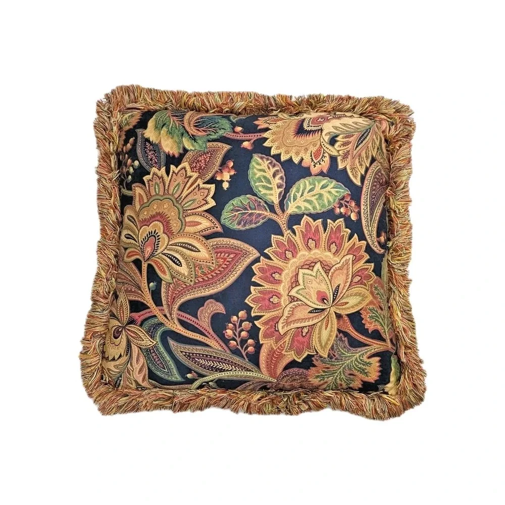 Valentina Onyx Jacobean Floral Pillow Fringe French 17